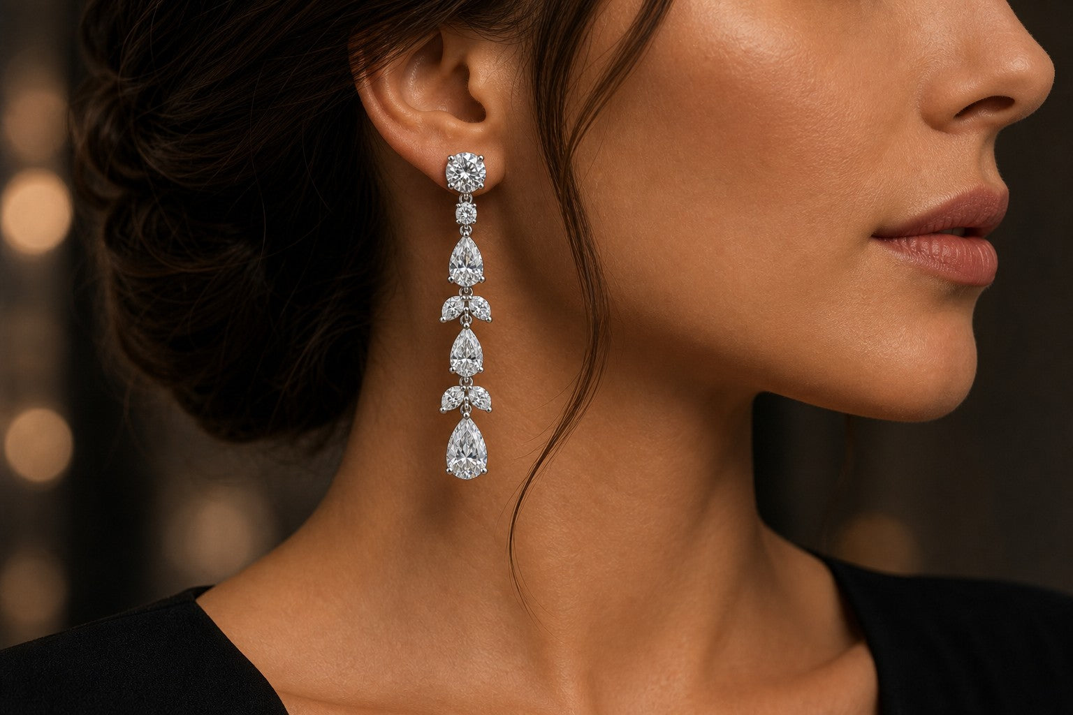 Finished fancy drop diamond earrings on model