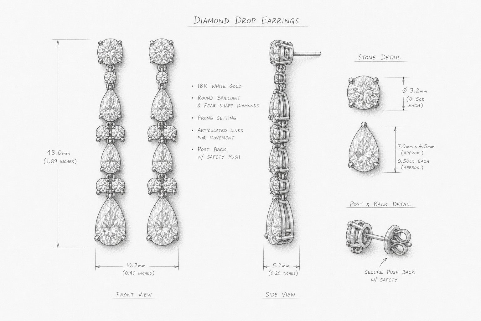 Fancy drop diamond earrings design sketch