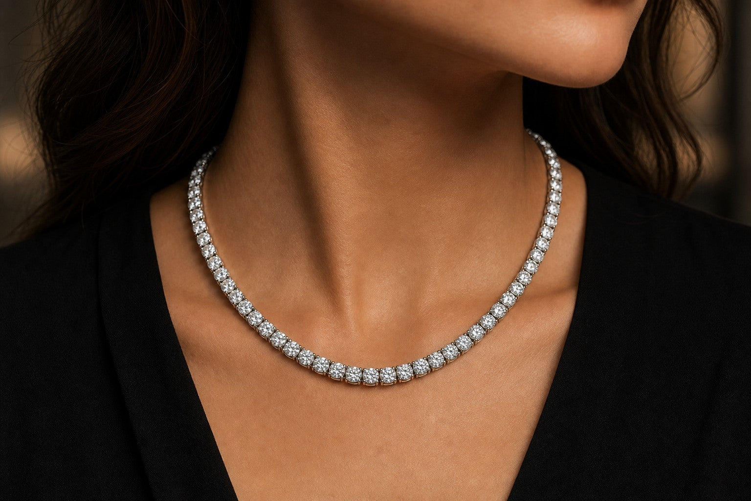 Finished bespoke diamond tennis necklace on model